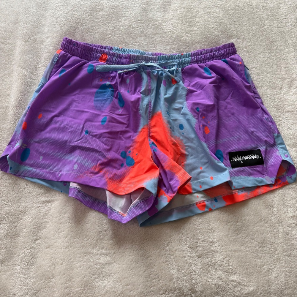 Fabletics x Graffitipop Womens XXL/1X Purple Paint Splatter Running Shorts 3in - Picture 2 of 9